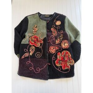 Julia Kim Womens Small Boho Jacket Floral Applique Beaded Toggle India